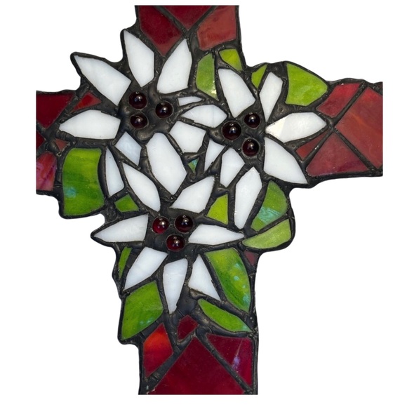 Stained Glass Suncatcher Cross. Red with White Lilies. Pre owned - Picture 2 of 3